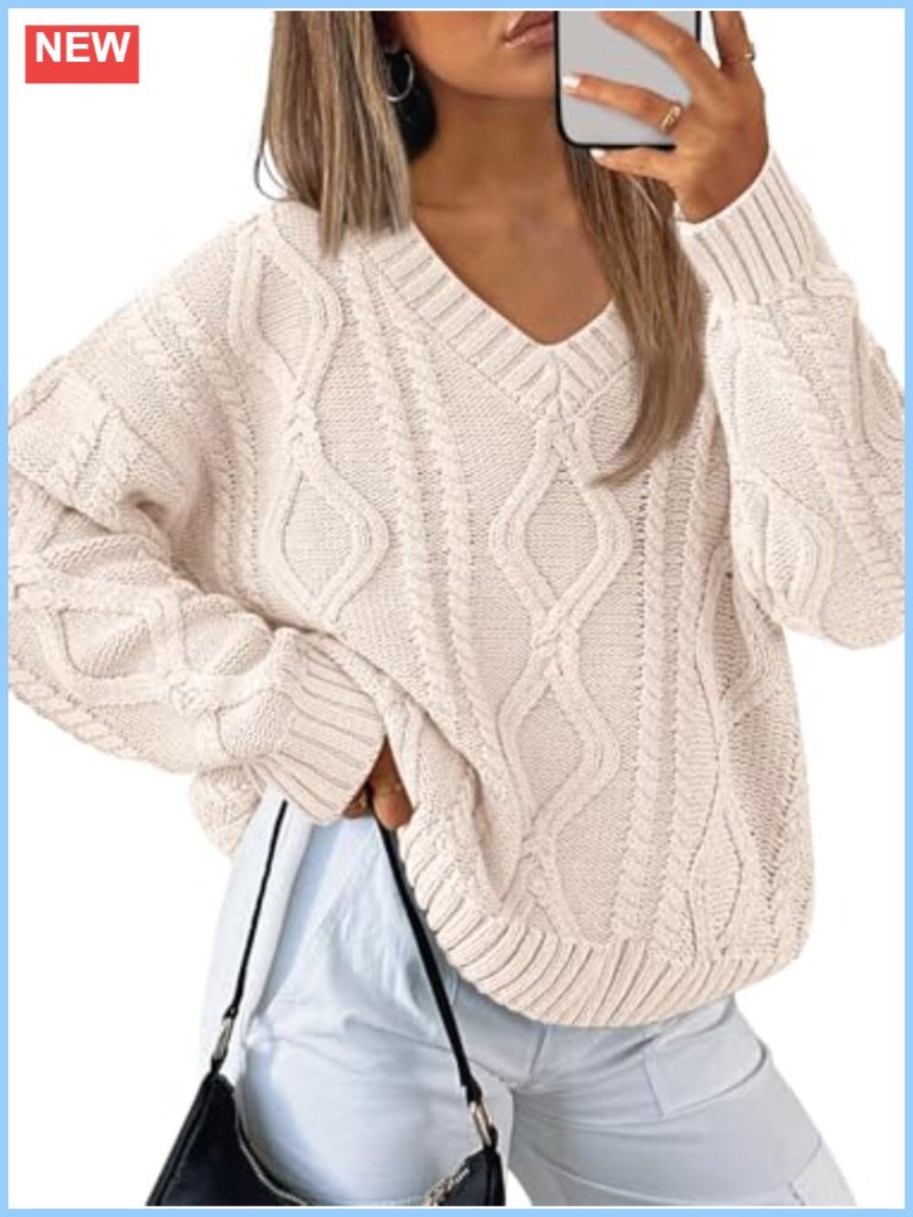 Women's V Neck Cable Knit Oversized Sweater Cozy Fall Pullover
